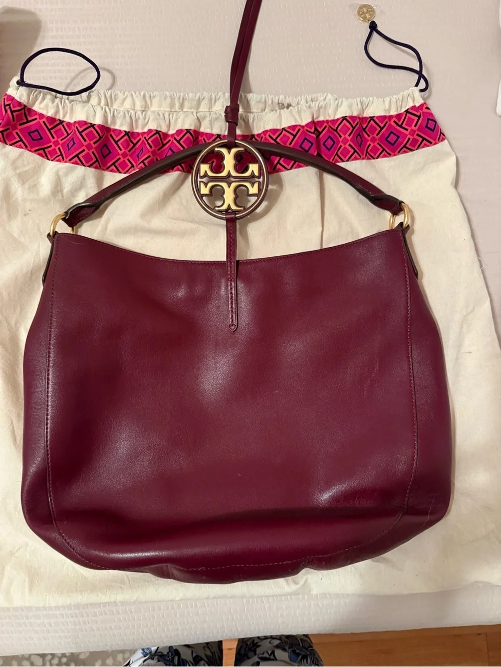 Tory Burch Burgundy (Deep Wine) Miller Leather Hobo Bag with Gold Logo